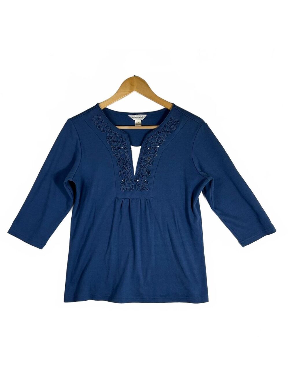 Christopher & Banks Casual Blue Embroidered Top 3/4 Sleeve Bohochic Medium